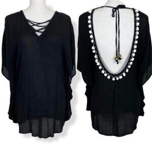 Francesca’s Black Pom Pom Trim Cover Up Tunic Top Deep V Back Size S EUC